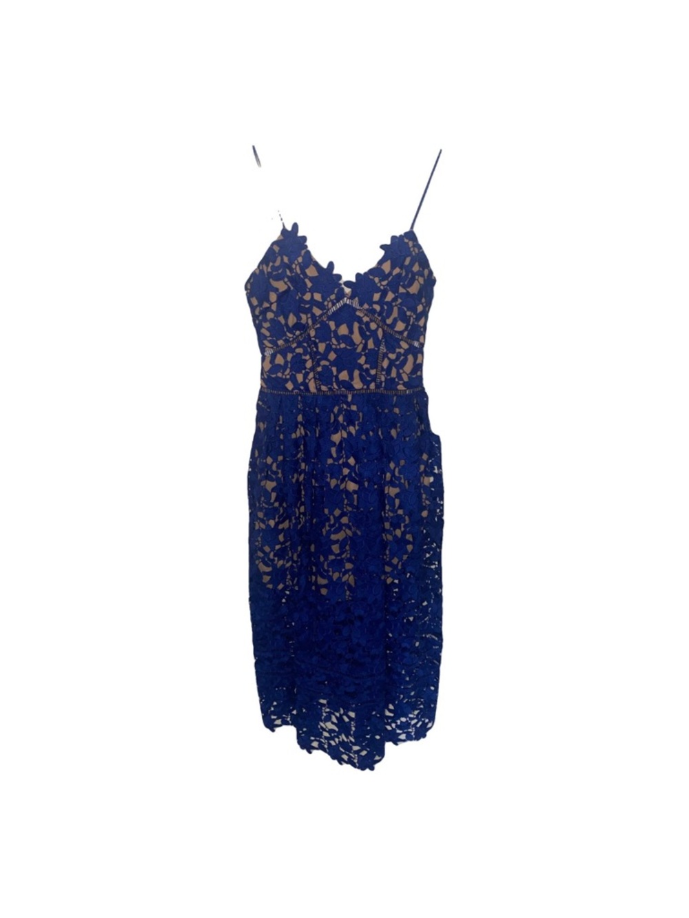 Self-Portrait Royal Blue Lace Midi Dress with Spaghetti Straps